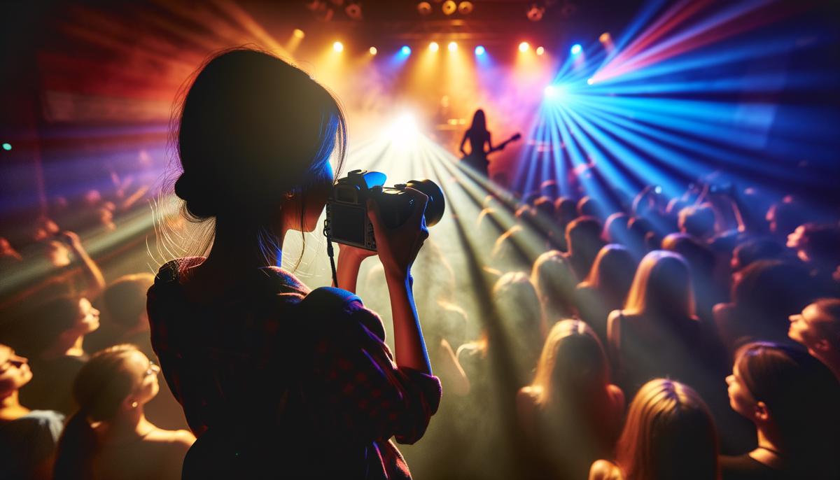 Lauren Landes photographing a live music performance in a dimly lit venue
