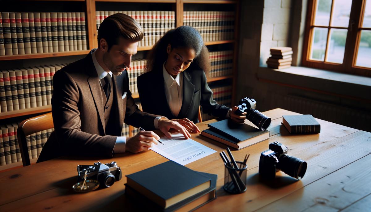 A lawyer reviewing an event photography contract with a photographer