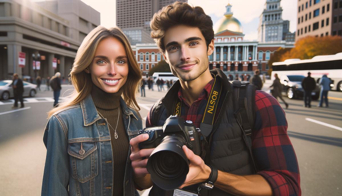 Portrait of Leah and Adrian, two Boston event photographers, with their cameras