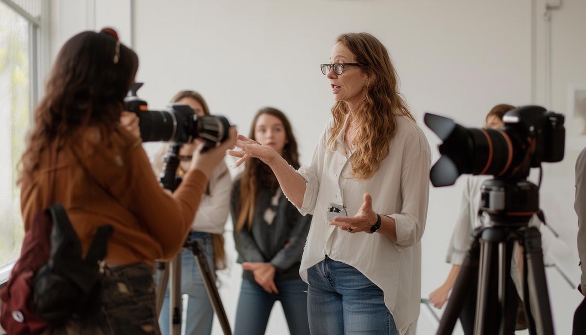Leslee Mitchell explaining camera settings to a group of attentive students during a photography workshop