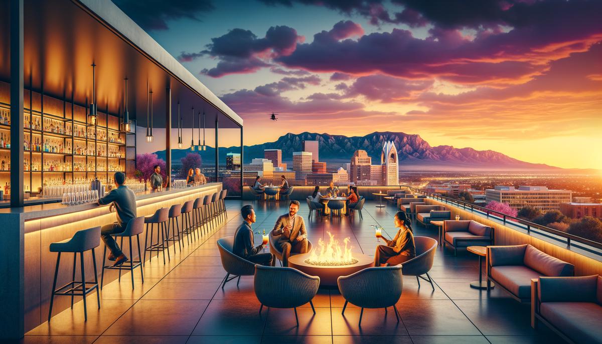 A sophisticated rooftop bar scene at Level 5, Hotel Chaco, with panoramic views of Albuquerque and the Sandia Mountains