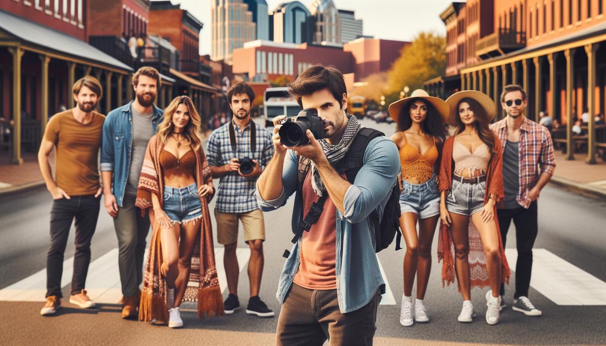 A lifestyle photographer conducting a photoshoot with travelers in a scenic Nashville location