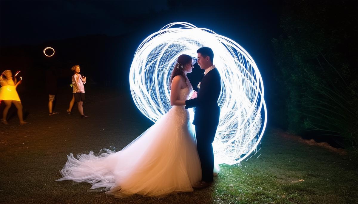 A photographer demonstrating the light painting technique during a nighttime wedding photoshoot