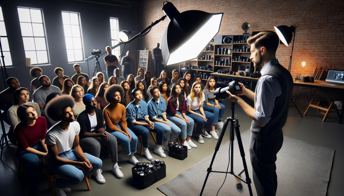Expert photographer Kyle Durigan demonstrating lighting techniques to a group of attentive students