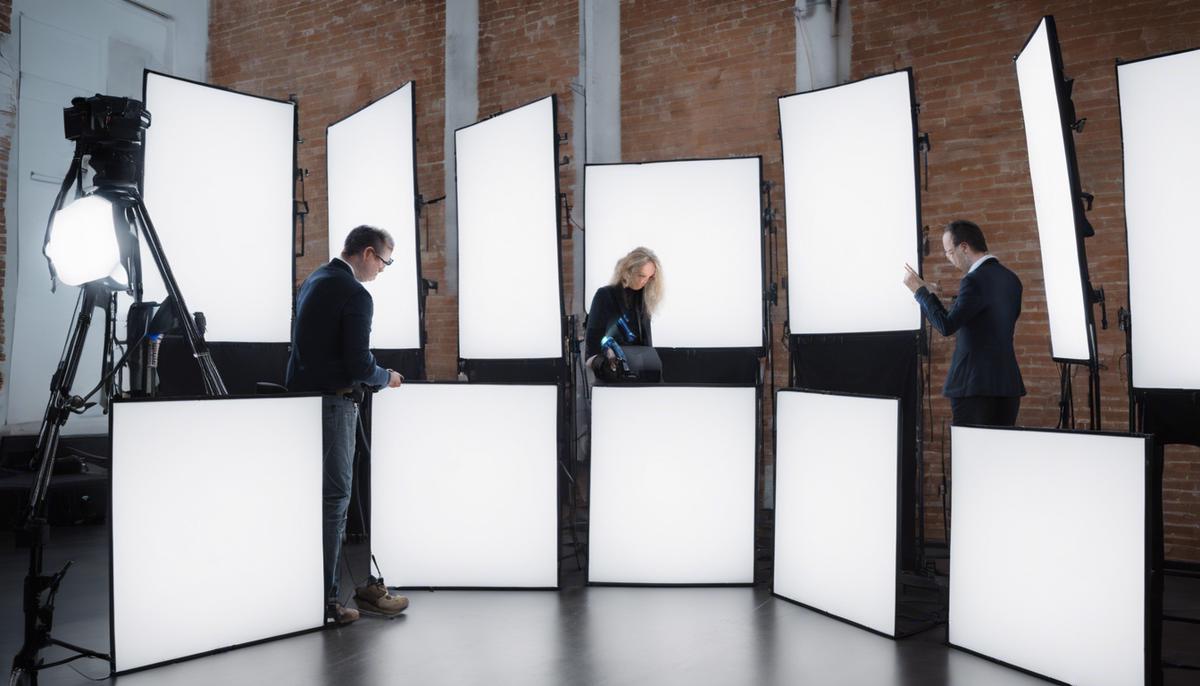 A photographer adjusting portable LED panels to subtly enhance the lighting for a corporate panel discussion