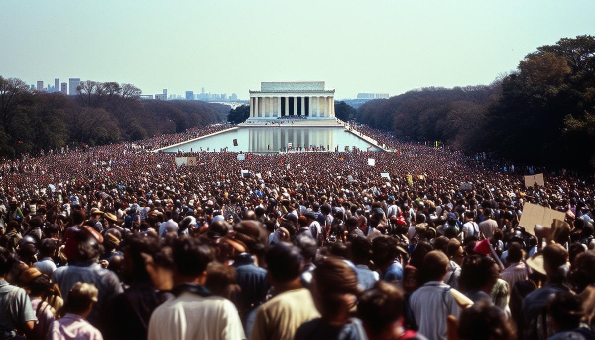 A crowd of protesters gathered at the Lincoln Memorial during the Vietnam War era