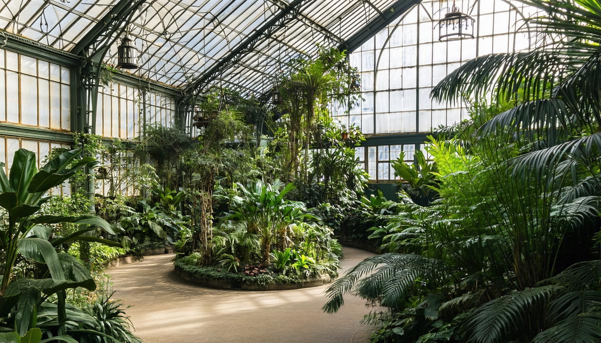 The lush interior of Lincoln Park Conservatory with exotic plants and Victorian-era architecture