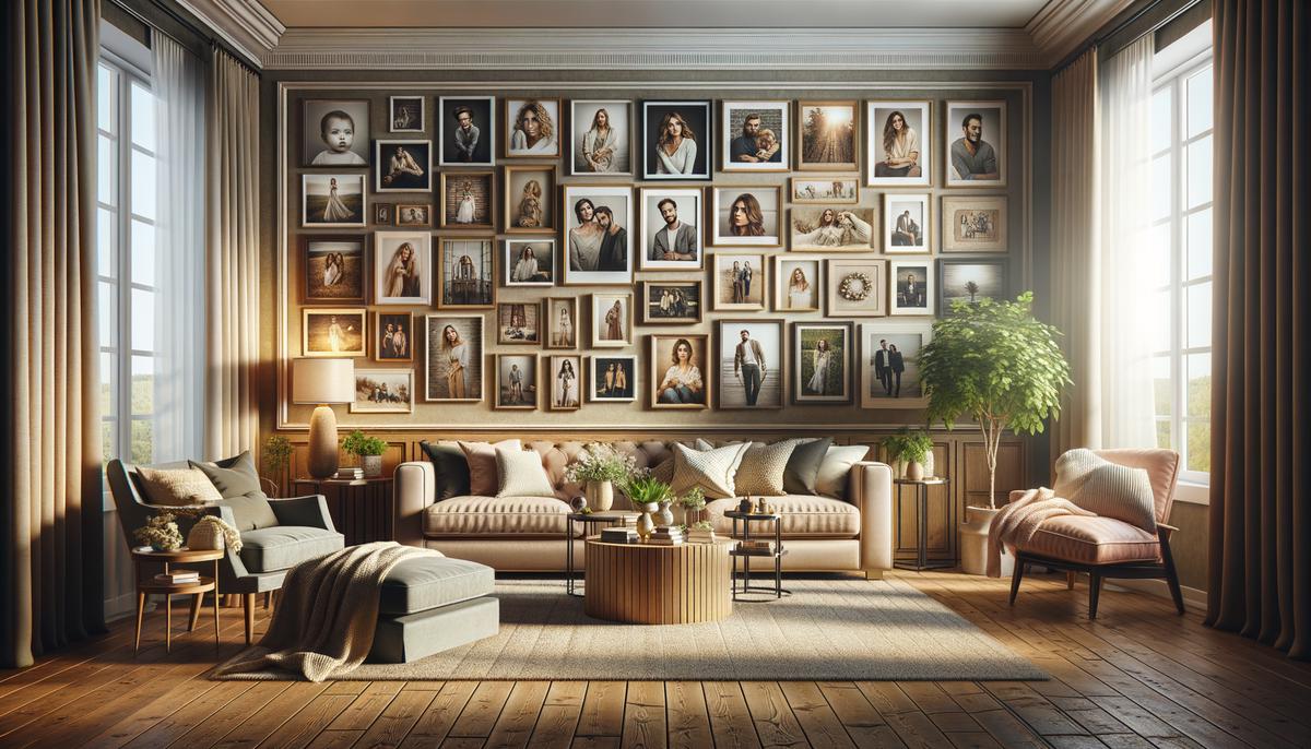 An inviting living room featuring a carefully curated wall art display of professional portraits. The framed prints are arranged in a visually pleasing layout, adding a personal touch to the room's decor. The scene showcases how professional photography can be beautifully integrated into a home's design.
