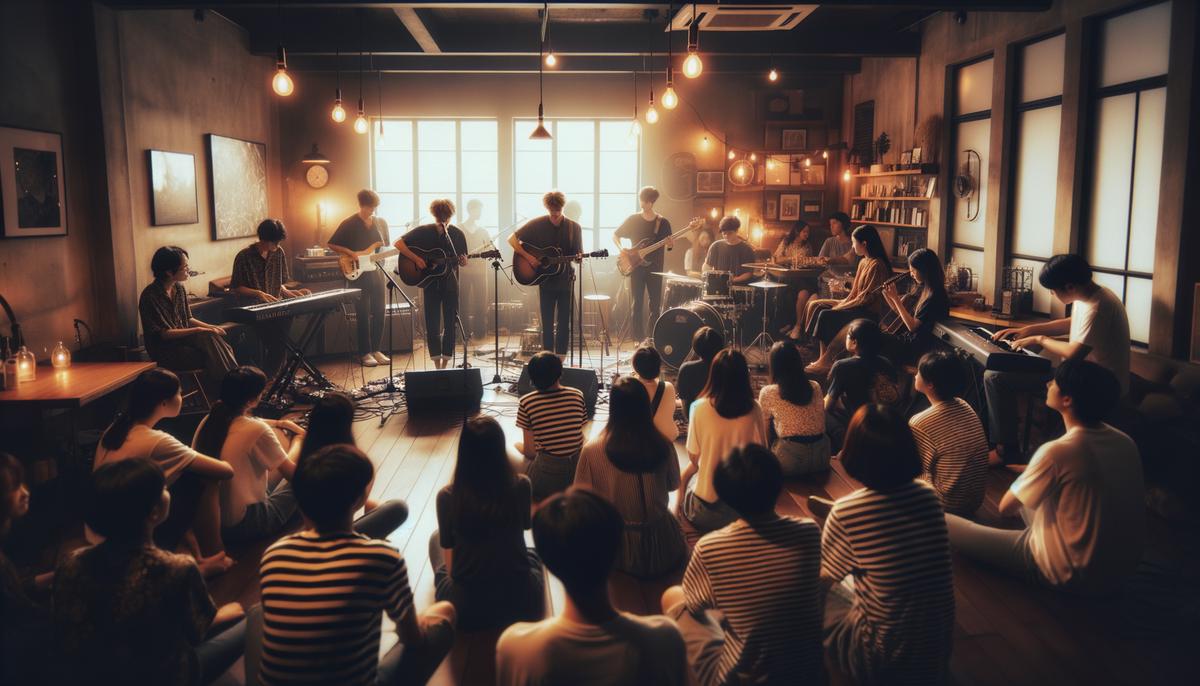 A local band performing in a small, intimate venue with enthusiastic audience members close to the stage