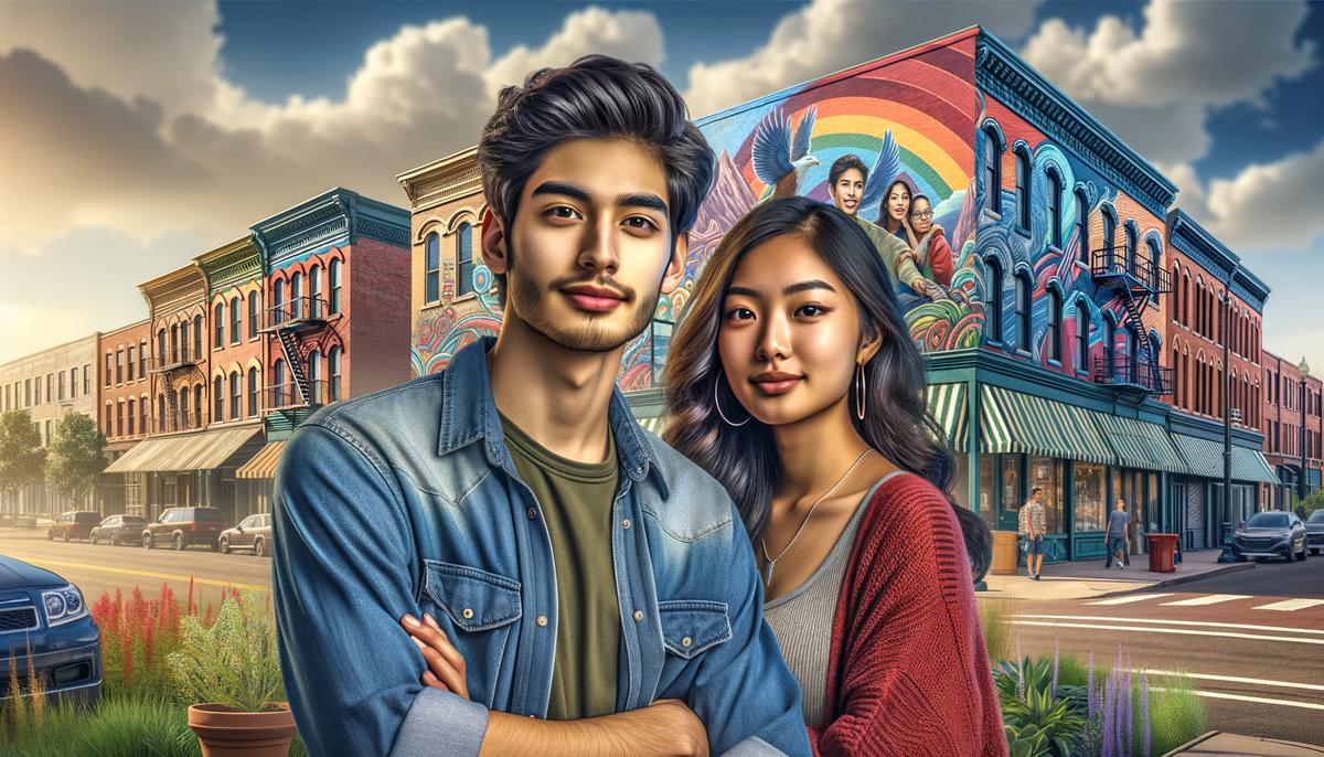 A couple posing in front of a colorful mural in the LoHi neighborhood of Denver