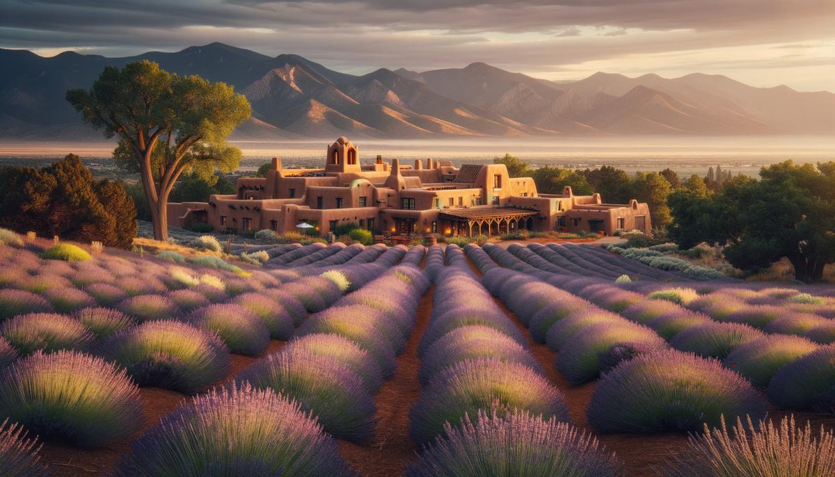 A picturesque view of Los Poblanos Historic Inn with lavender fields in the foreground and adobe buildings in the background
