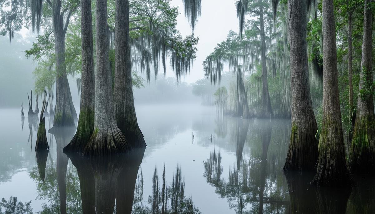 A misty morning in the Louisiana Bayou with cypress trees and their knees visible in the water