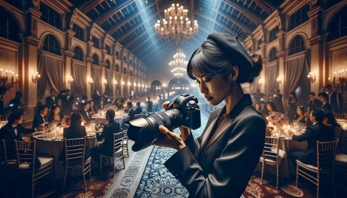 A luxury event photographer skillfully capturing photos in a challenging setting, like a dimly lit ballroom or a venue with complex architecture