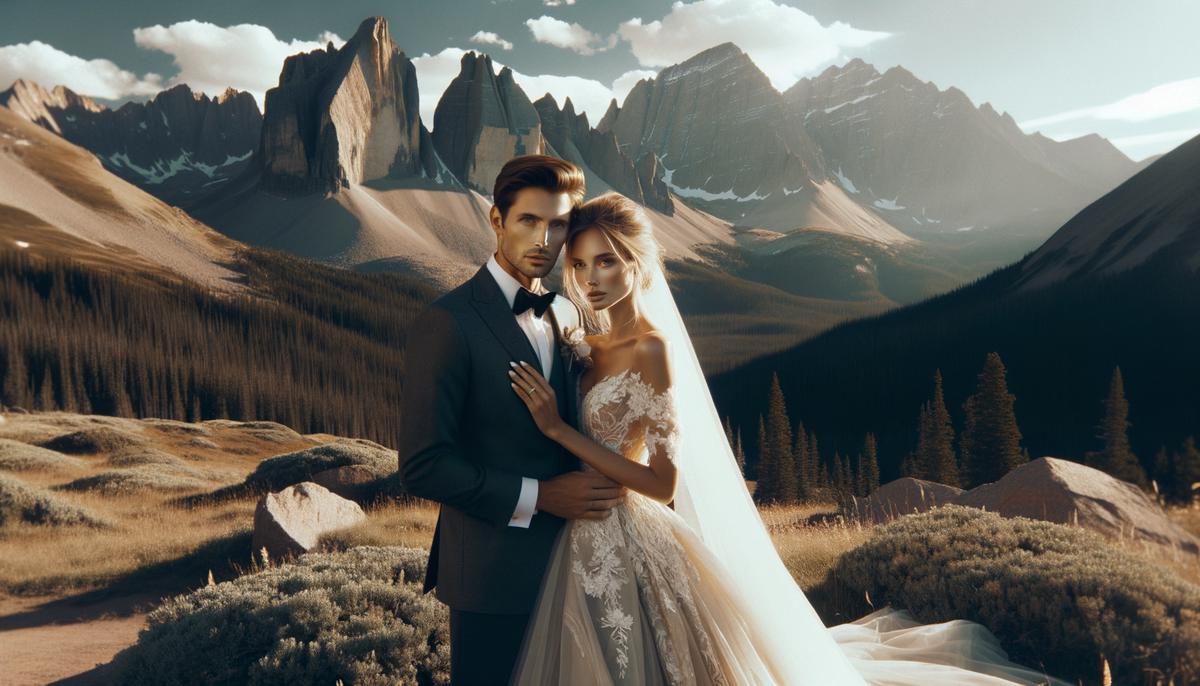 Elegant bride and groom posing for a photo with a stunning mountain landscape in the background