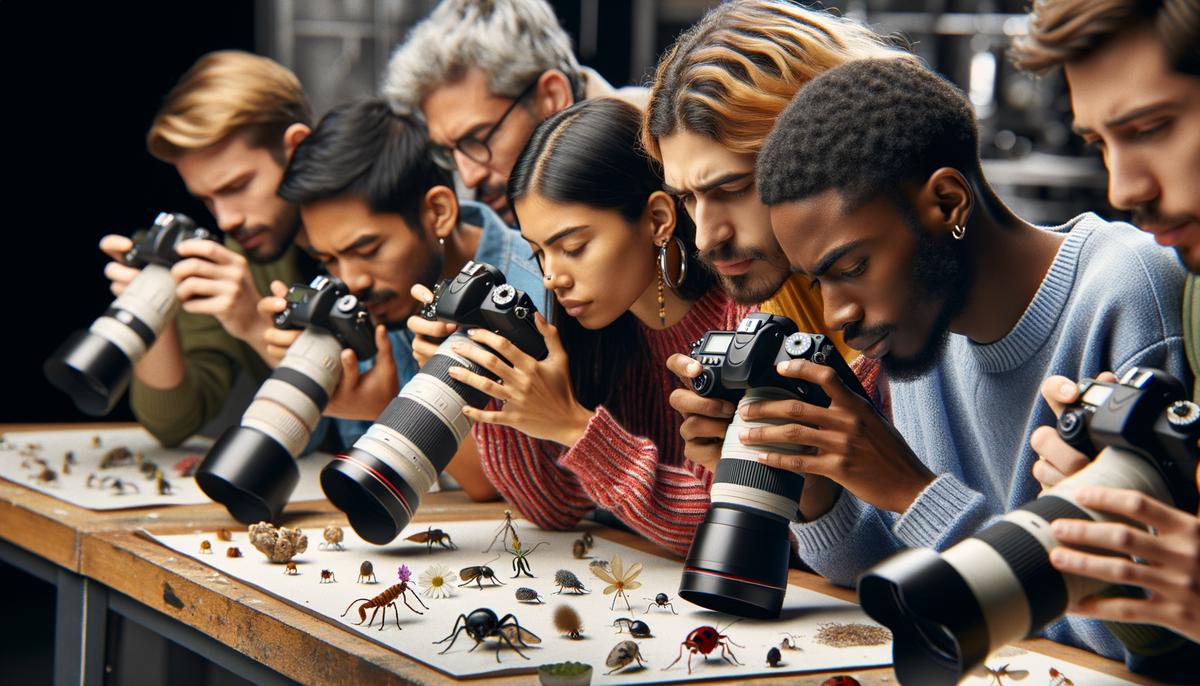 Students in a macro photography class capturing extreme close-up images of small subjects, showcasing intricate details.