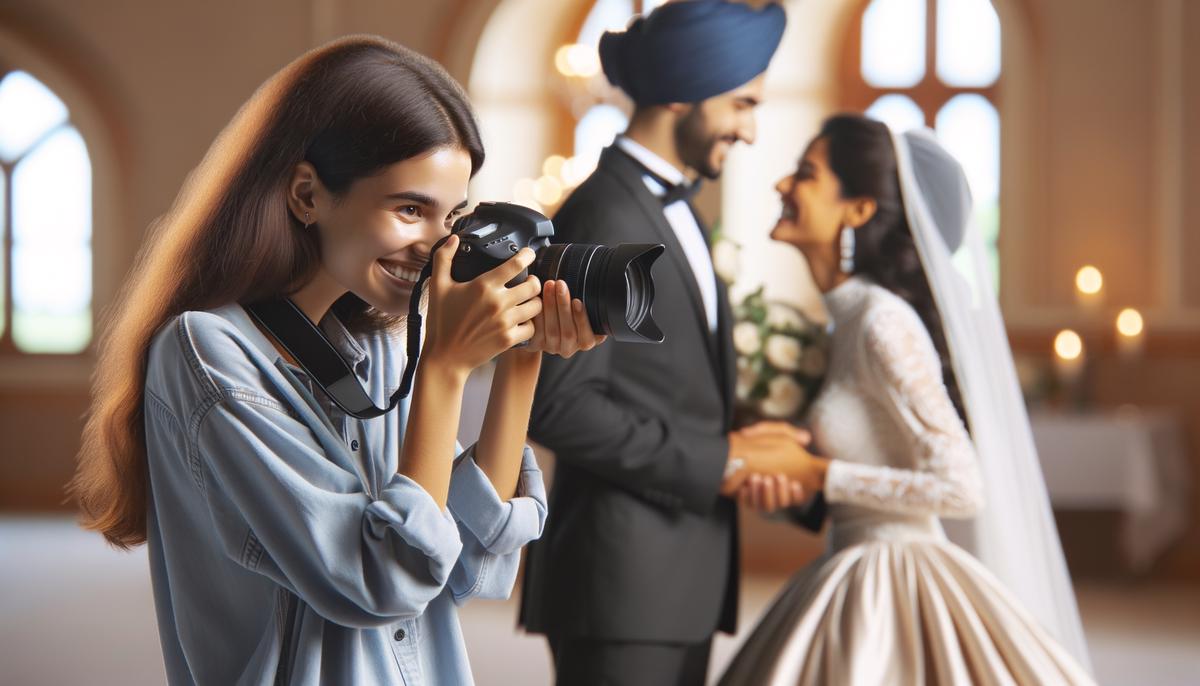 Madison, a female photographer, capturing a candid moment at a wedding