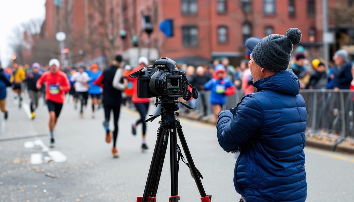 Professional photographer with camera equipment set up to capture Boston Marathon runners