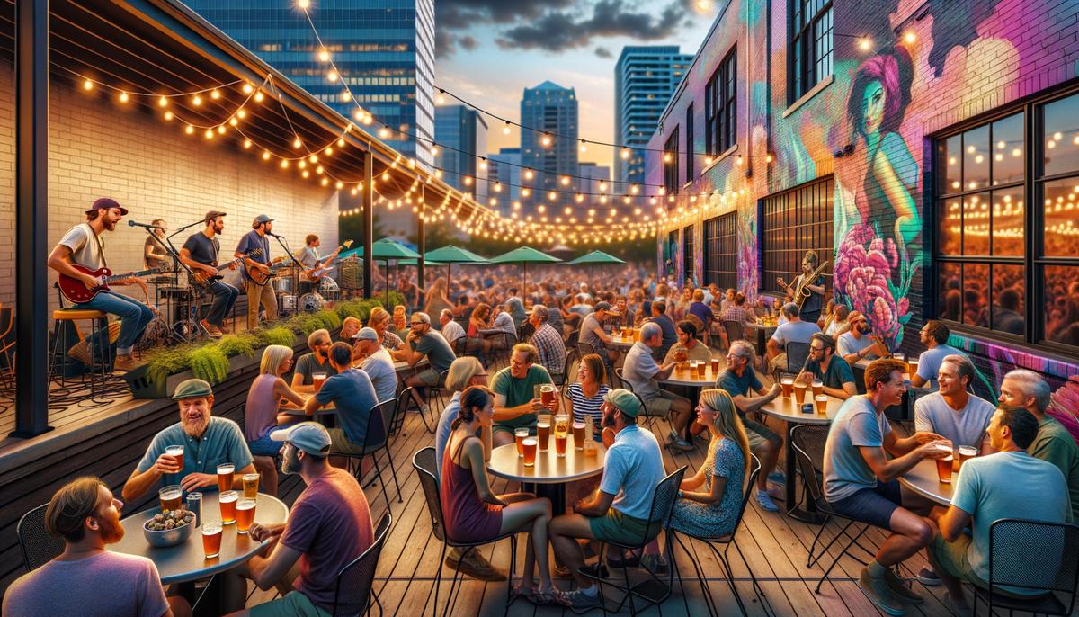 A lively scene at Marble Brewery's outdoor patio with string lights, live music, and people enjoying craft beers