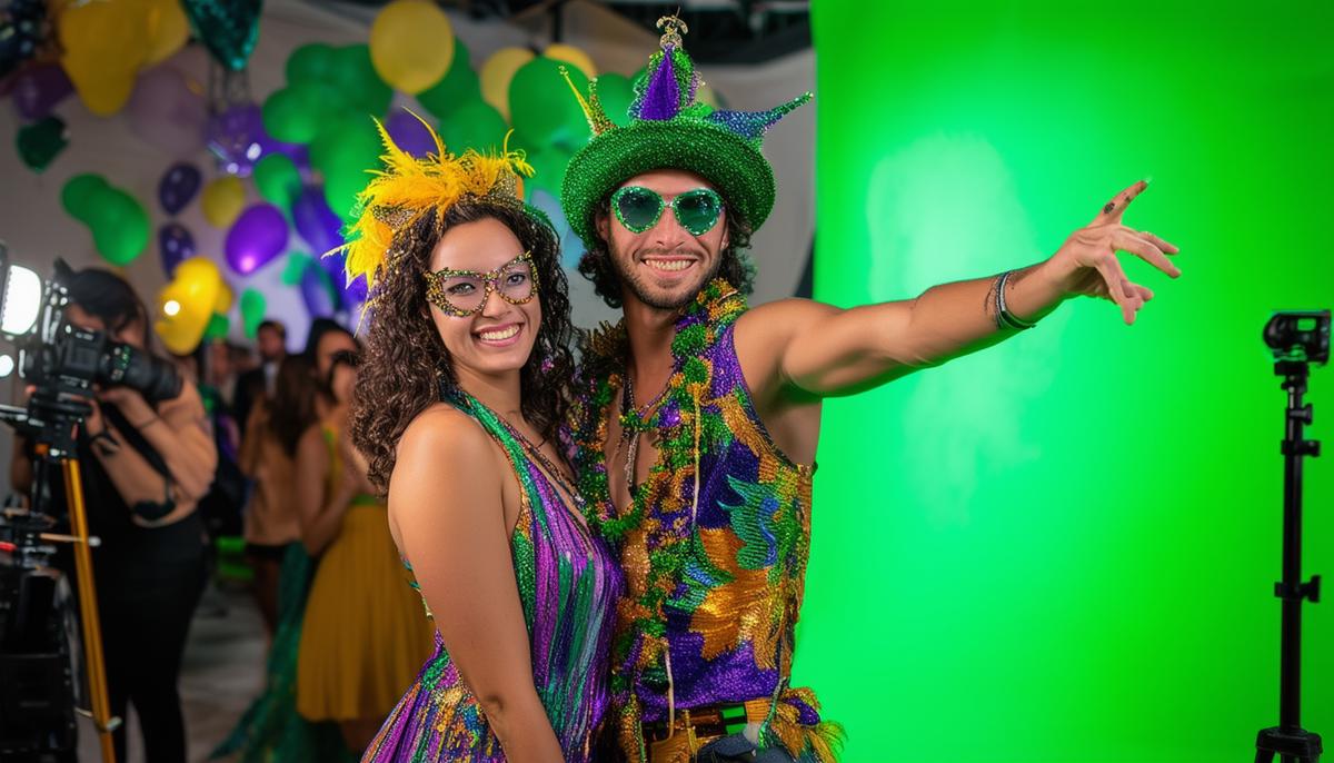 A couple posing for a green screen photo at a Mardi Gras party, with photographers and equipment visible