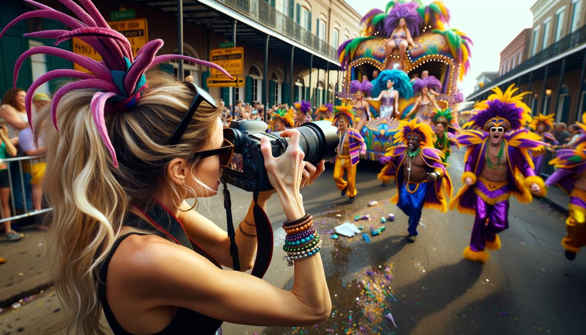A photographer capturing vibrant Mardi Gras celebrations in New Orleans