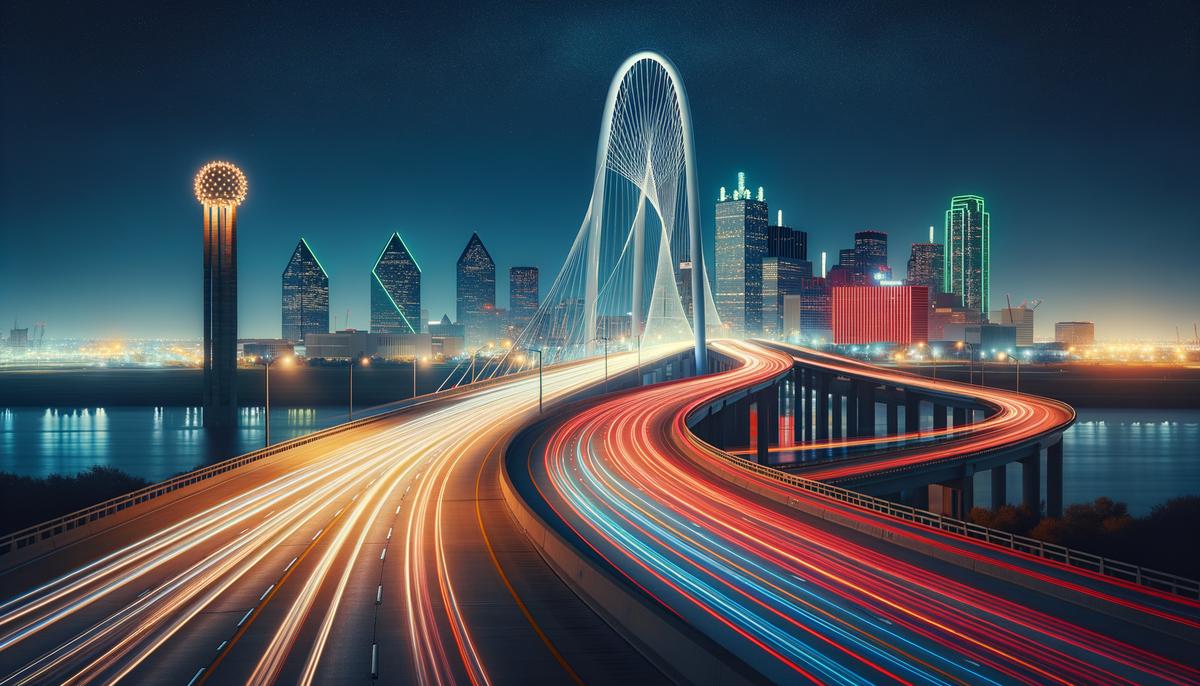 Illuminated Margaret Hunt Hill Bridge at night with light trails from traffic and the Dallas skyline