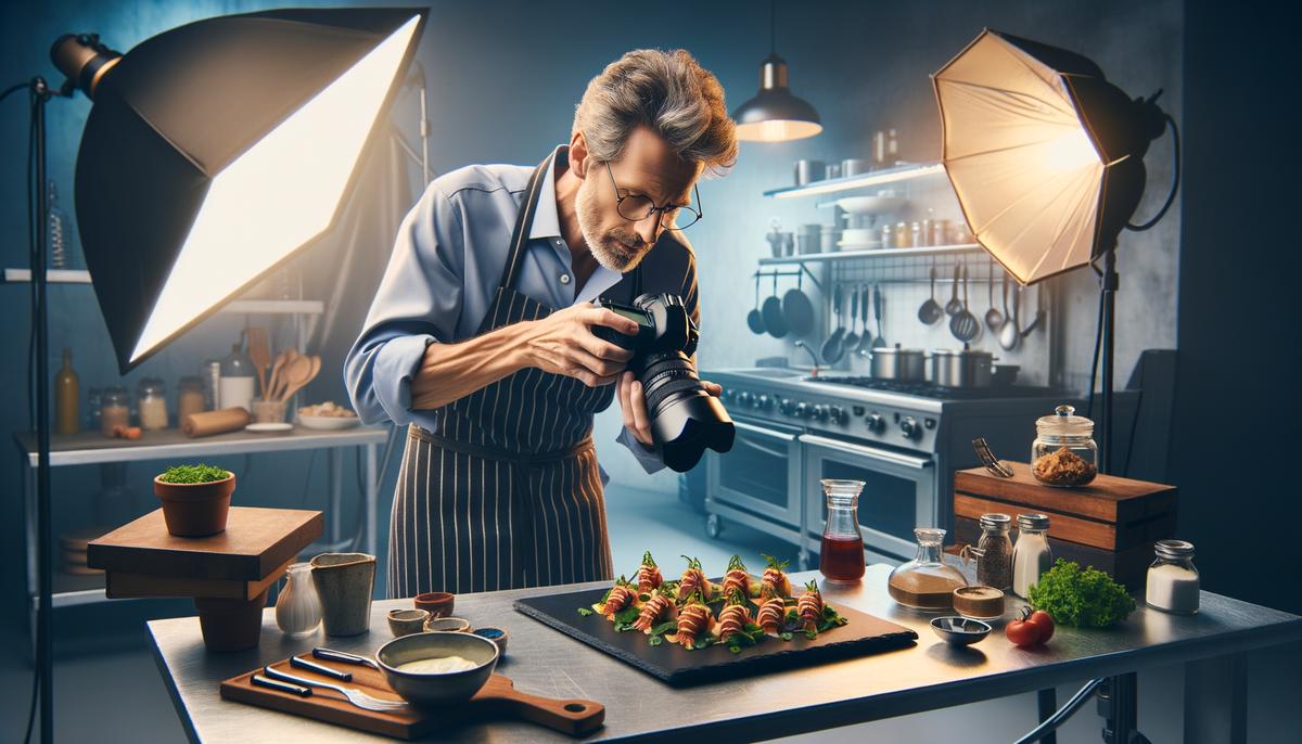 Mark Jackson, an experienced food photographer, working in his CHROMA studio with professional equipment and a beautifully plated dish