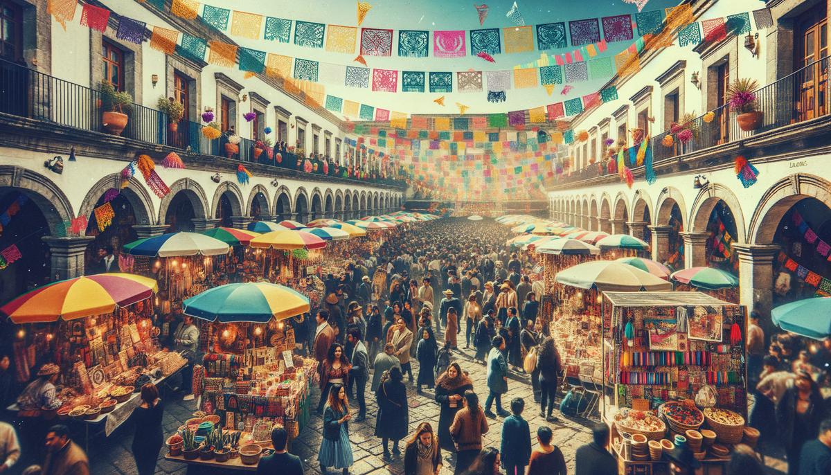 A lively scene at Market Square (El Mercado) in San Antonio, with vibrant displays of handcrafted goods, colorful decorations, and people enjoying the festive atmosphere.