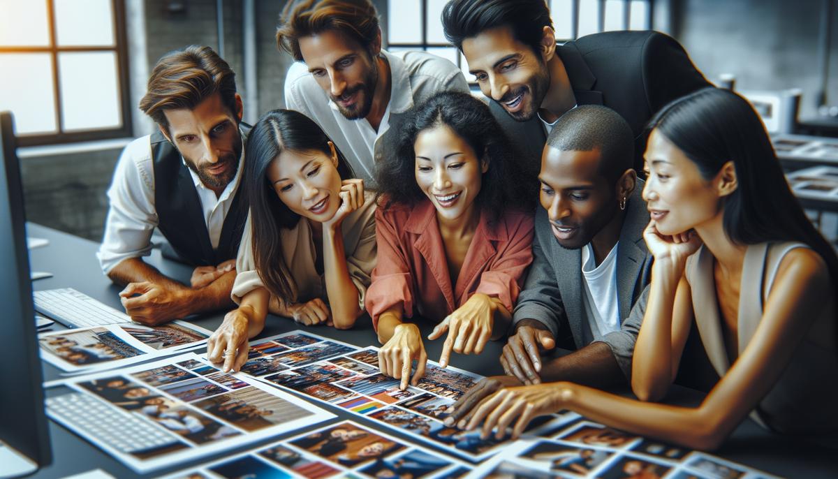 A marketing team reviewing and selecting trade show photos for various marketing channels