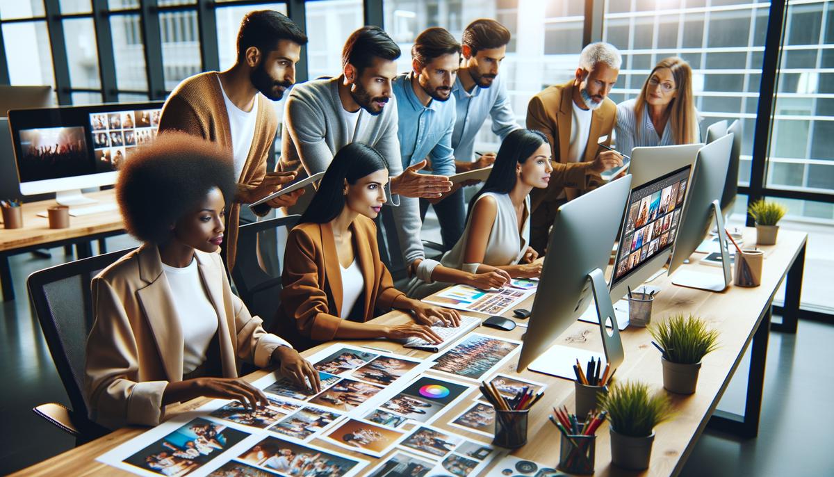 A marketing team working with professional event photographs for various branding and promotional materials