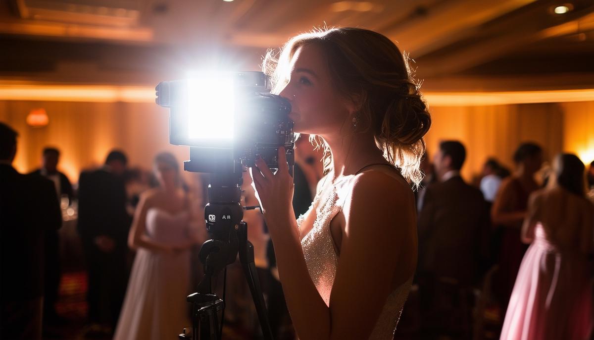 A photographer skillfully using off-camera flash and a fast lens to illuminate elegantly dressed attendees in a dimly lit ballroom during a gala event, demonstrating their mastery of variable lighting conditions.