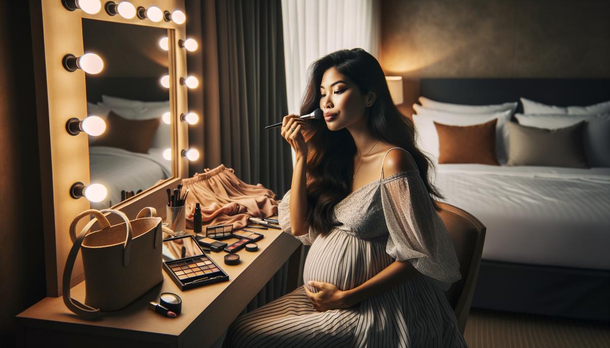 A woman preparing for a maternity photoshoot, applying makeup while her outfits are laid out nearby