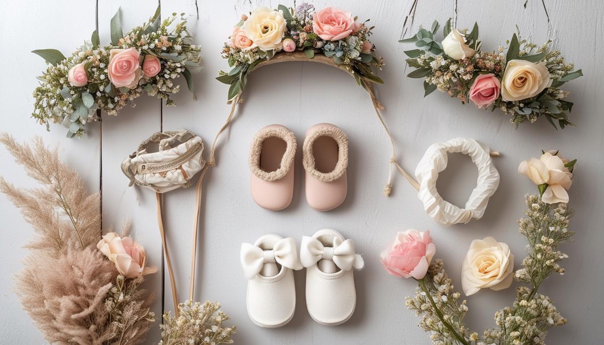 A styled display of maternity photo props including floral crowns, baby shoes, and 'Coming Soon' signs