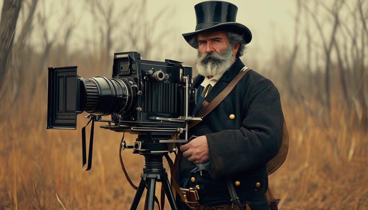 A recreation of Mathew Brady with his large format camera during the Civil War era