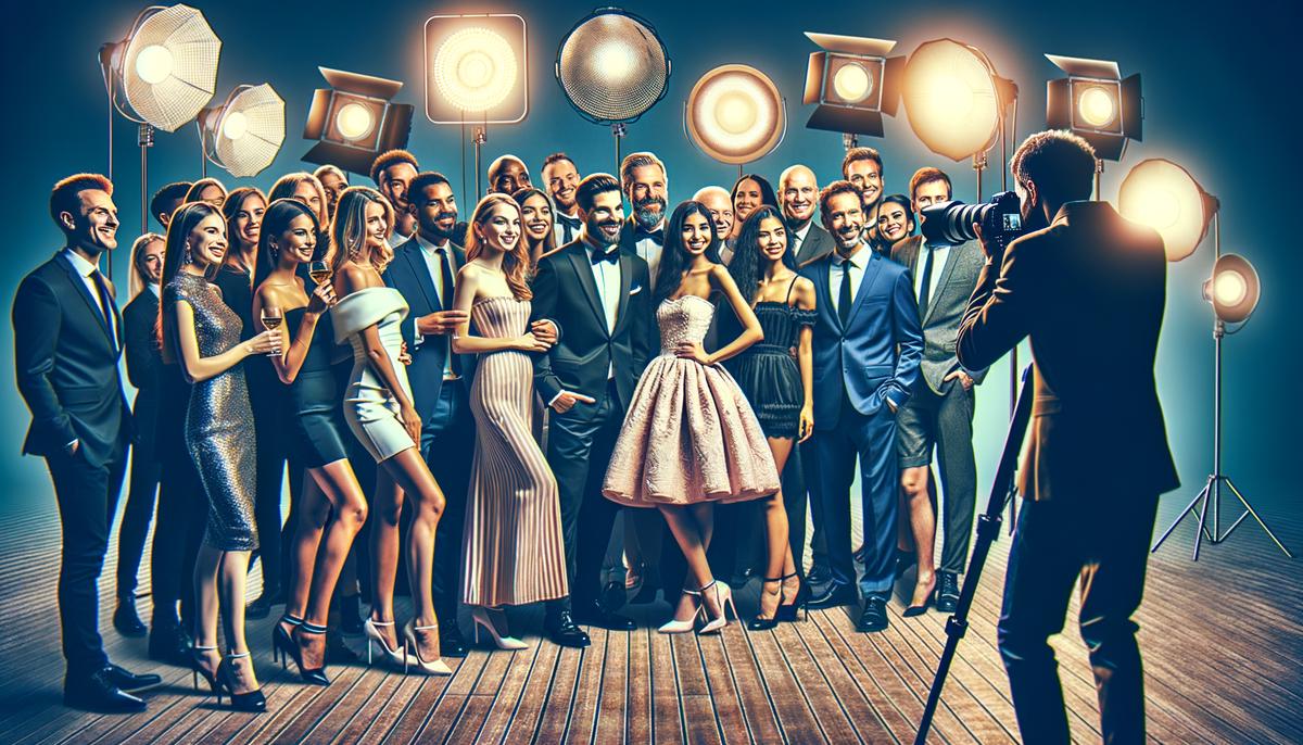 A party scene with a photographer directing a group photo, showcasing proper lighting and coordination