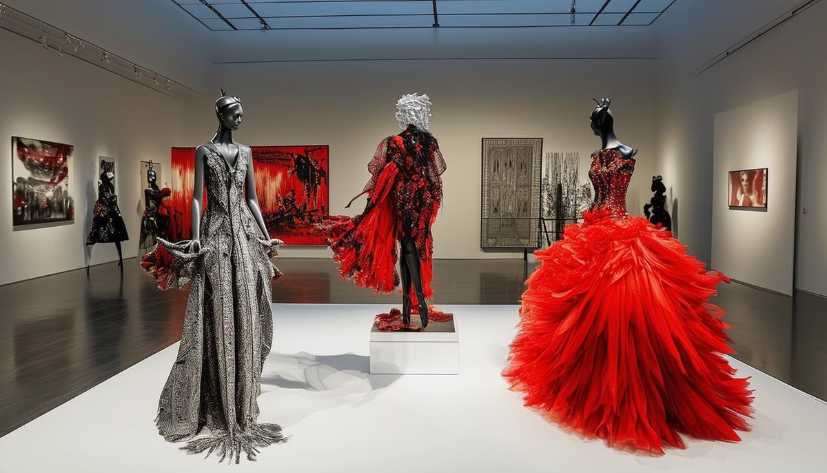 A striking display from the Lee Alexander McQueen and Ann Ray exhibition at the Frist Art Museum, featuring avant-garde fashion designs alongside dramatic photographs