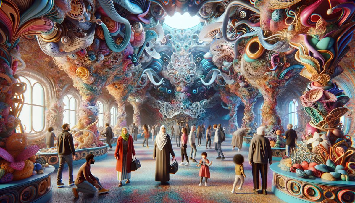 Surreal and colorful interior of Meow Wolf Denver's Convergence Station with visitors exploring the otherworldly exhibits