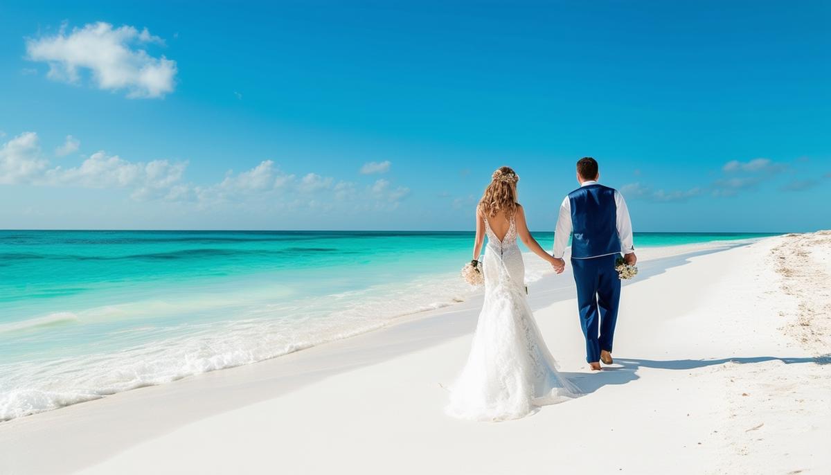 A bride and groom walking hand in hand on a white sand beach in Miami with the ocean and blue sky in the background