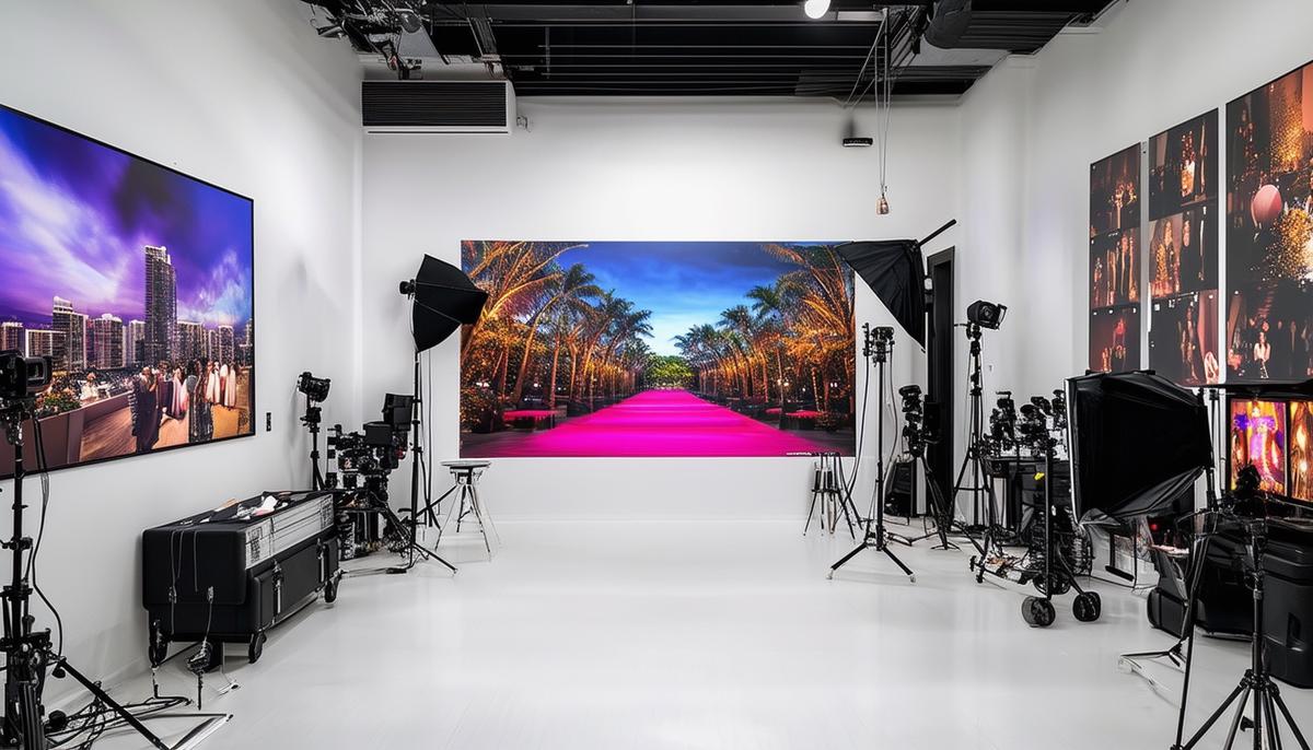 The interior of a luxury event photography studio in Miami, with professional camera equipment and large prints of stunning event photos on the walls
