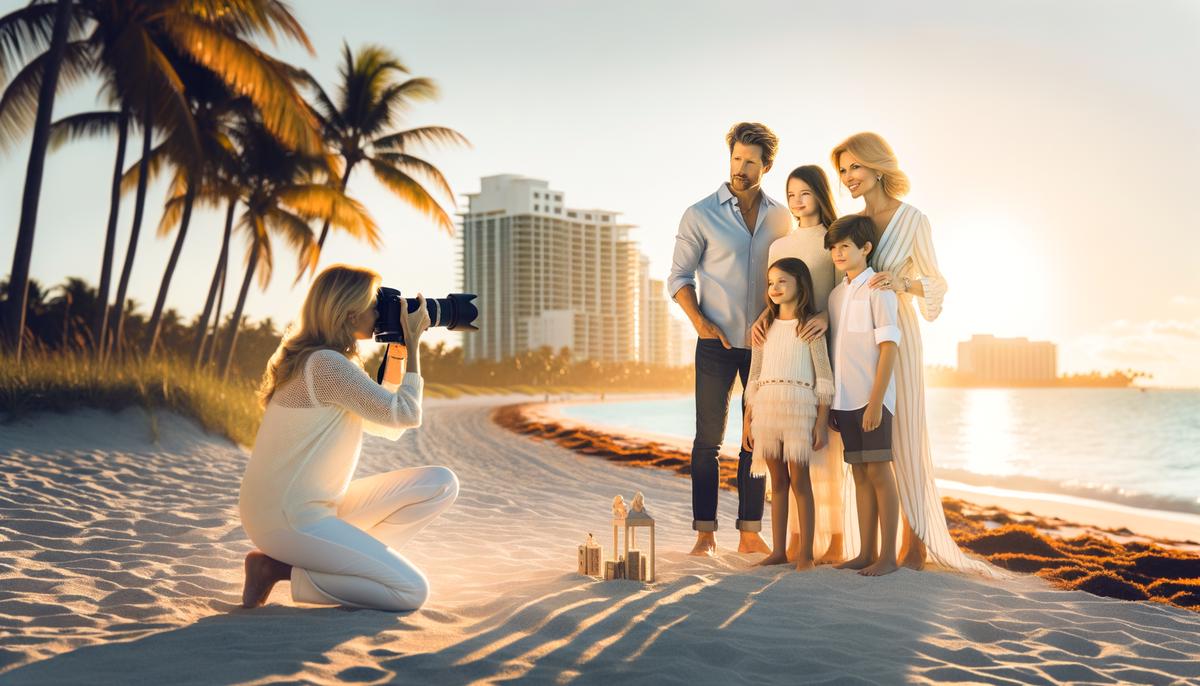 A portrait of Lisset Galeyev, a renowned luxury family photographer in Miami, working with a stylish family during a photo session at a beautiful beach location.