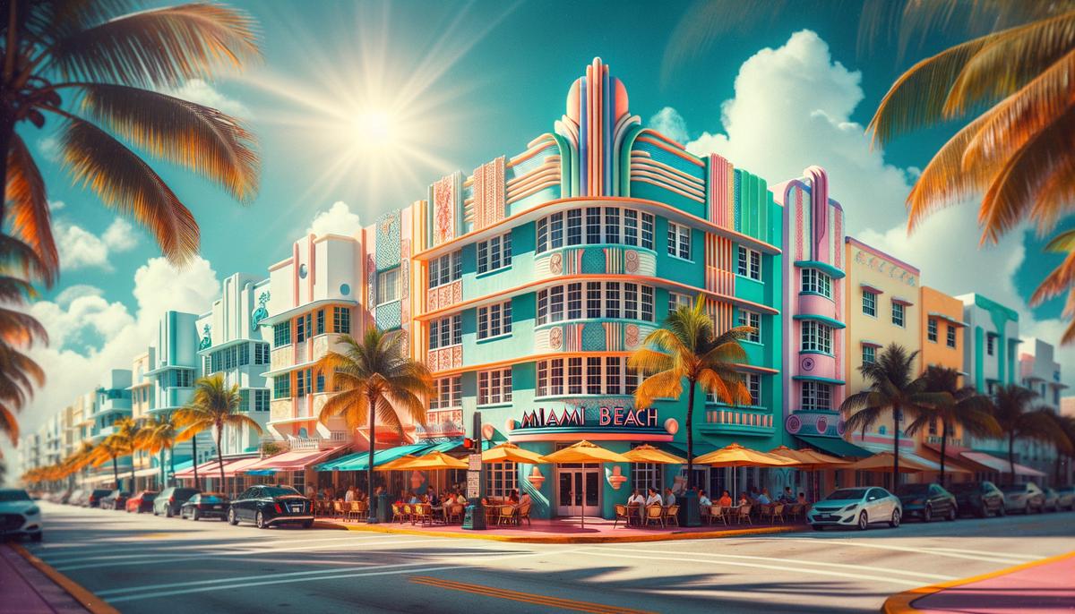 Photograph showcasing colorful art deco architecture in Miami as an ideal backdrop for fashion photography