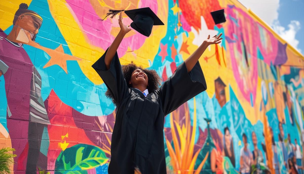 Miami graduate playfully tossing their cap in the air against a vibrant Wynwood mural, celebrating their achievement with a touch of urban flair