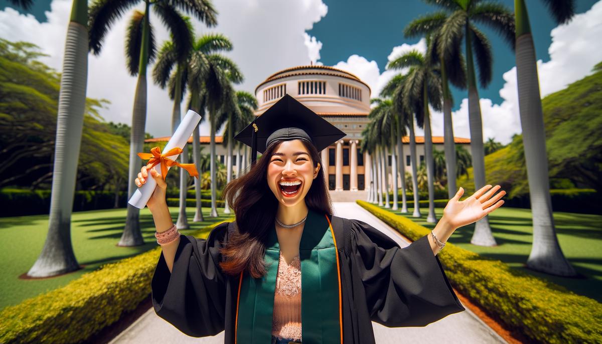 miami graduate standing triumphantly palm lined campus walkway