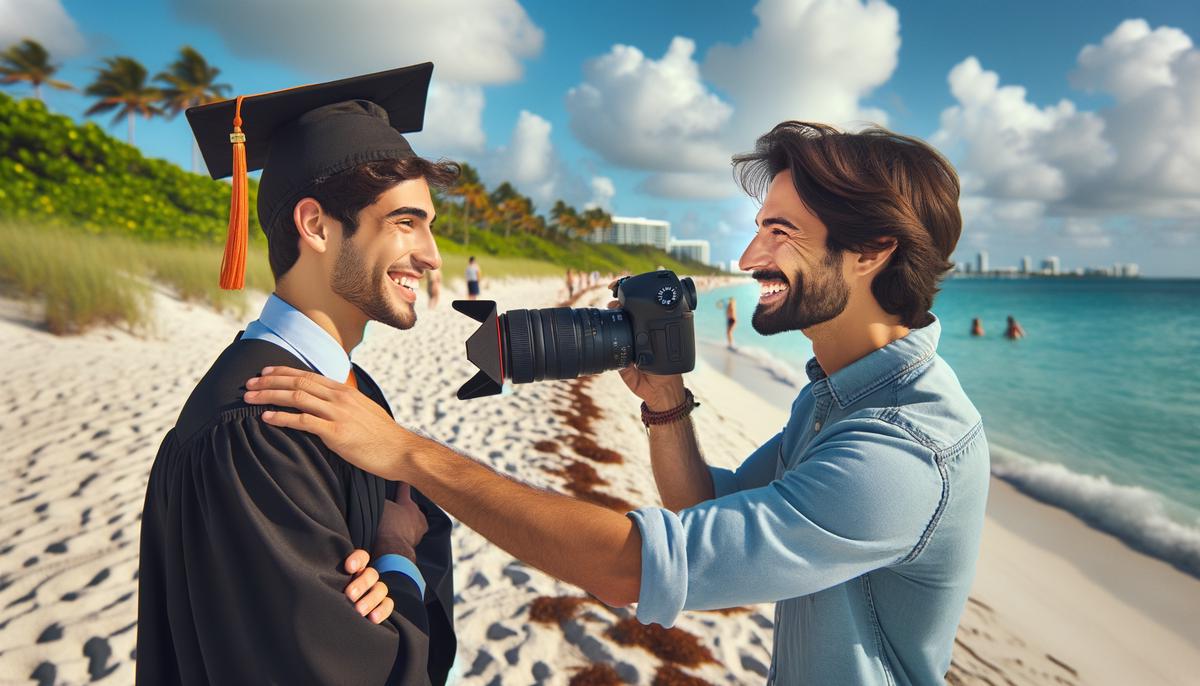 Experienced Miami graduation photographer interacting with a smiling graduate in a picturesque beach setting, capturing the perfect shot