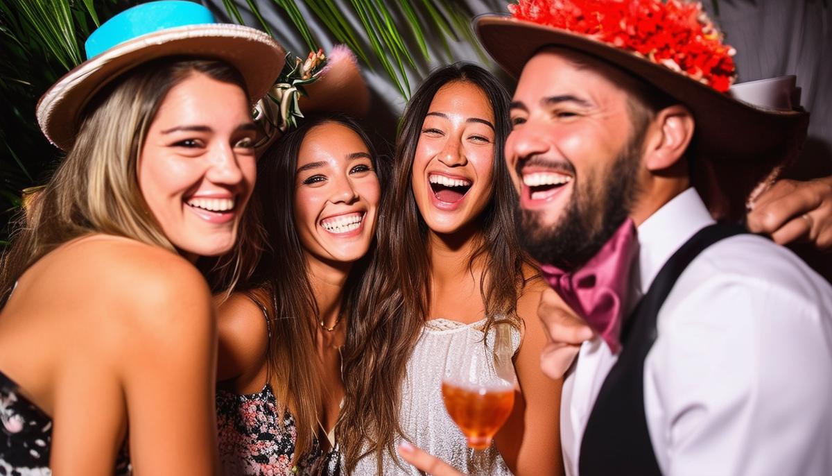 A group of happy and engaged guests interacting with a photo booth rental at a Miami event, showcasing the entertainment value and instant gratification provided by the booth.