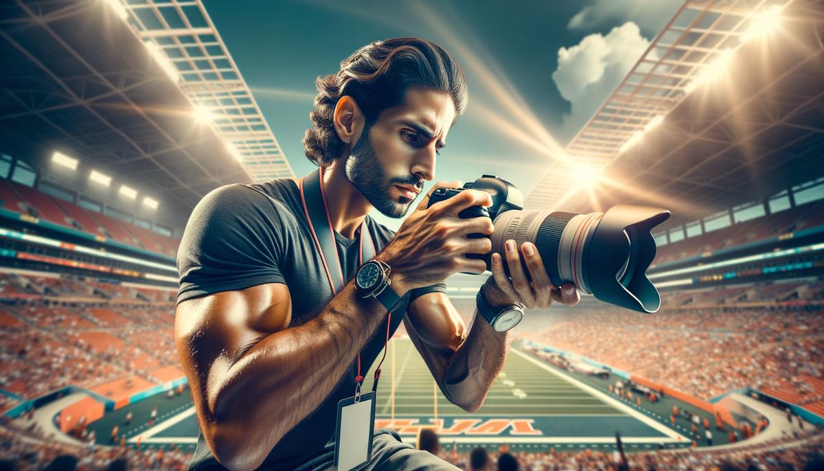 A sports photographer adjusting camera settings to adapt to challenging lighting conditions