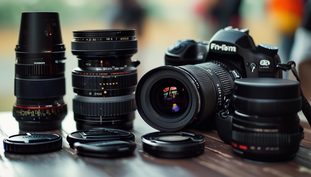 A close-up of a sports photographer's camera and lens selection