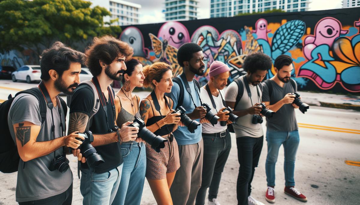 Photographers gather at a street photography workshop in Miami's Wynwood neighbourhood