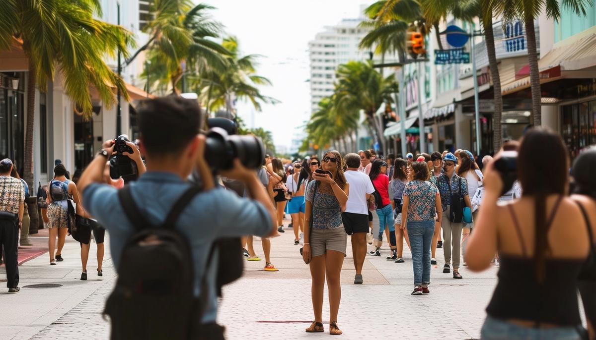 A bustling street in Miami with photographers capturing candid moments of pedestrians