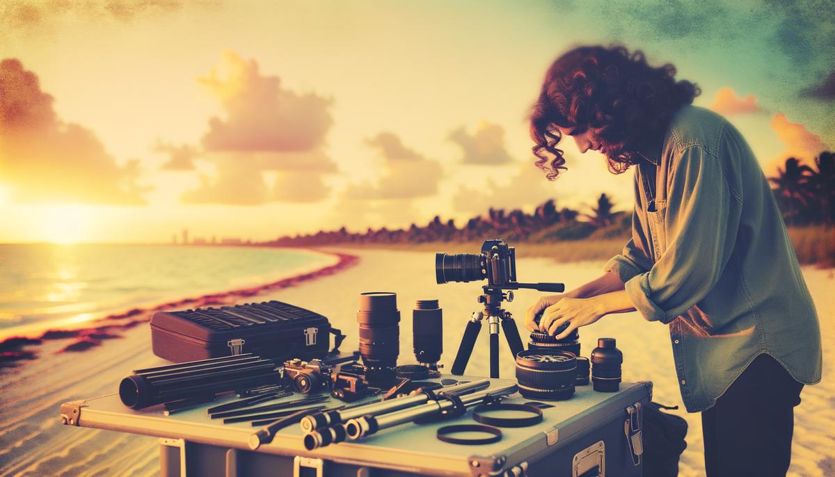 A photographer sets up their camera gear, including a tripod, lenses, and filters, in preparation for capturing the perfect Miami sunset shot