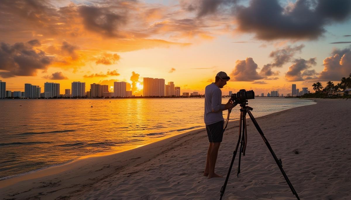 A photographer scouts potential locations for capturing the perfect Miami sunset, considering factors like composition, natural elements, and the city skyline